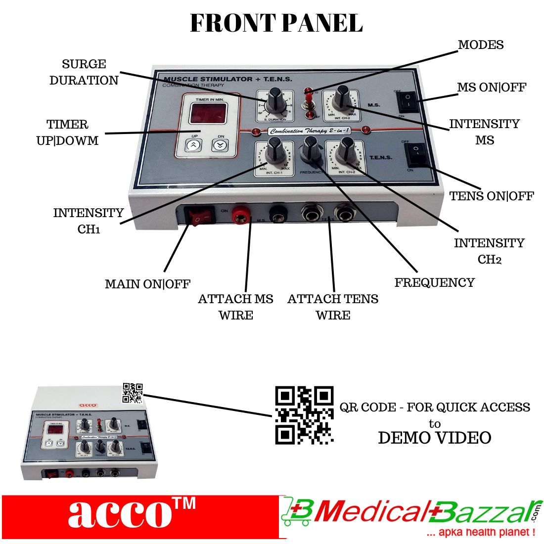 acco 2 in 1 MS+TENS 2Ch with Timer Physiotherapy Combo Machine