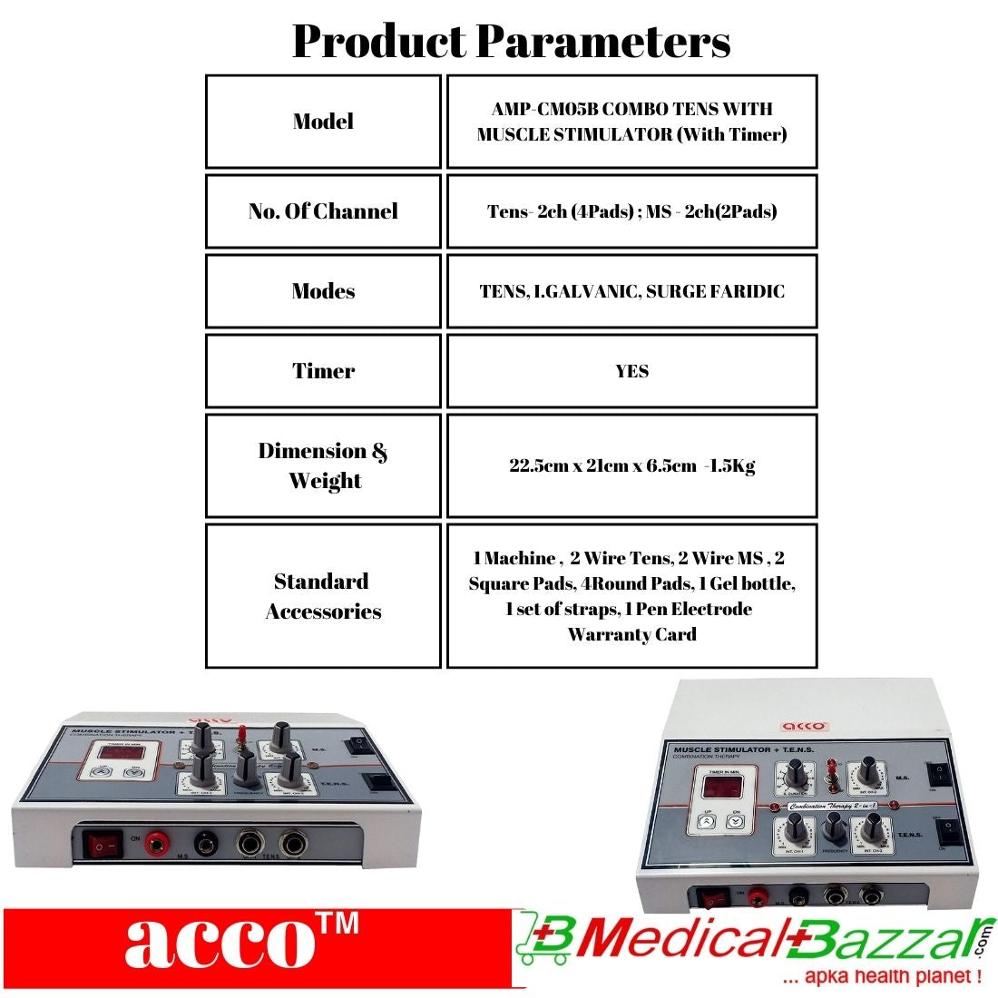 acco 2 in 1 MS+TENS 2Ch with Timer Physiotherapy Combo Machine