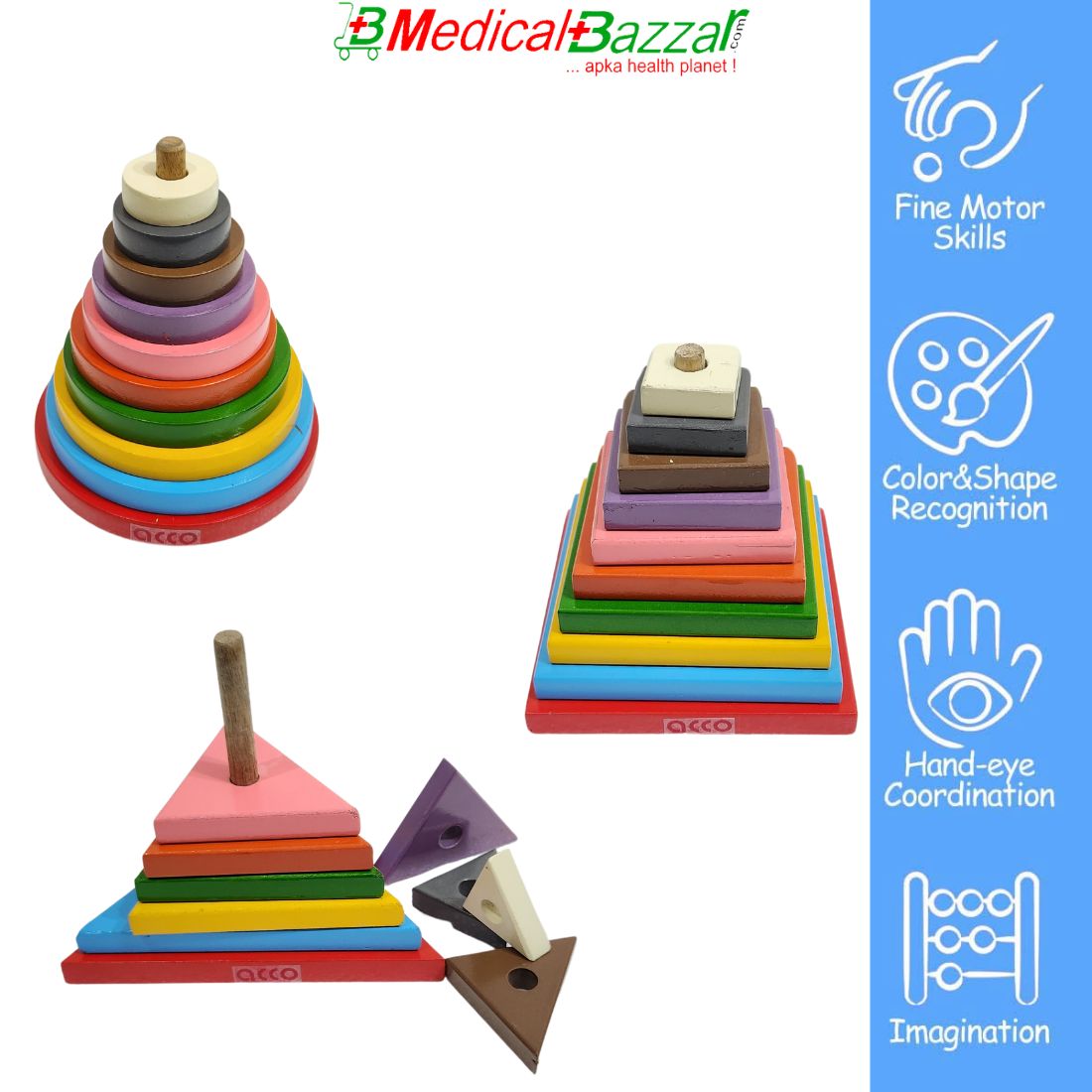 acco Wooden Rainbow Stacking Tower Toys- Pyramid Toy