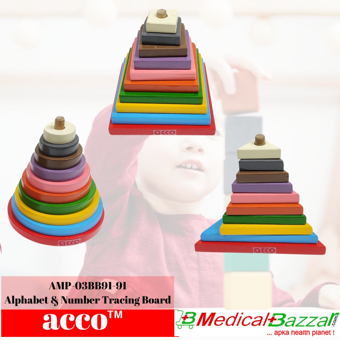 acco Wooden Rainbow Stacking Tower Toys- Pyramid Toy