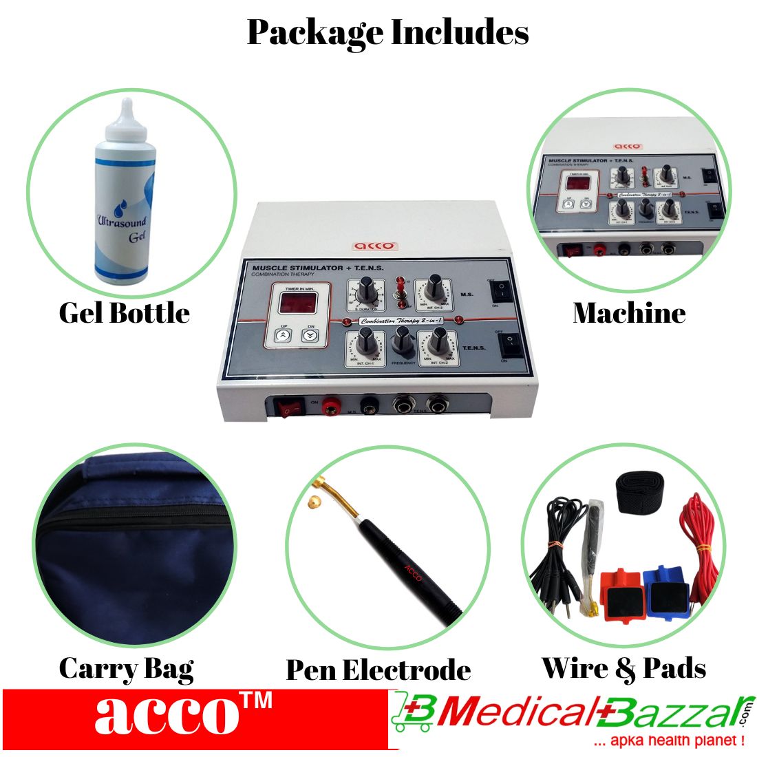 acco 2 in 1 MS+TENS 2Ch with Timer Physiotherapy Combo Machine