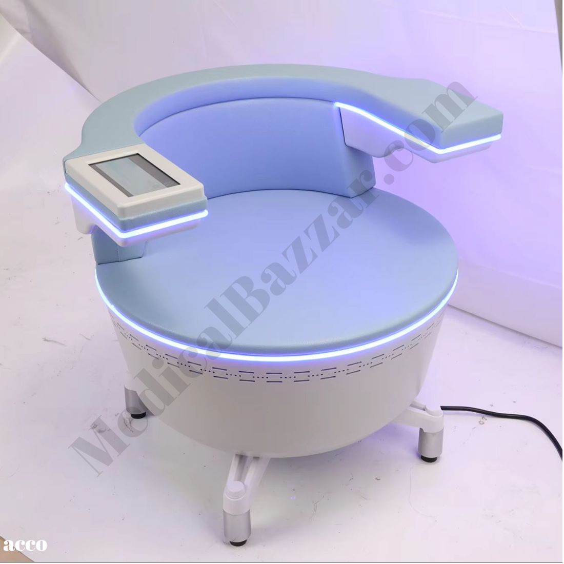EMS Pelvic Floor Muscle Stimulator Chair front-angle view showing touchscreen control panel and blue LED accent lighting