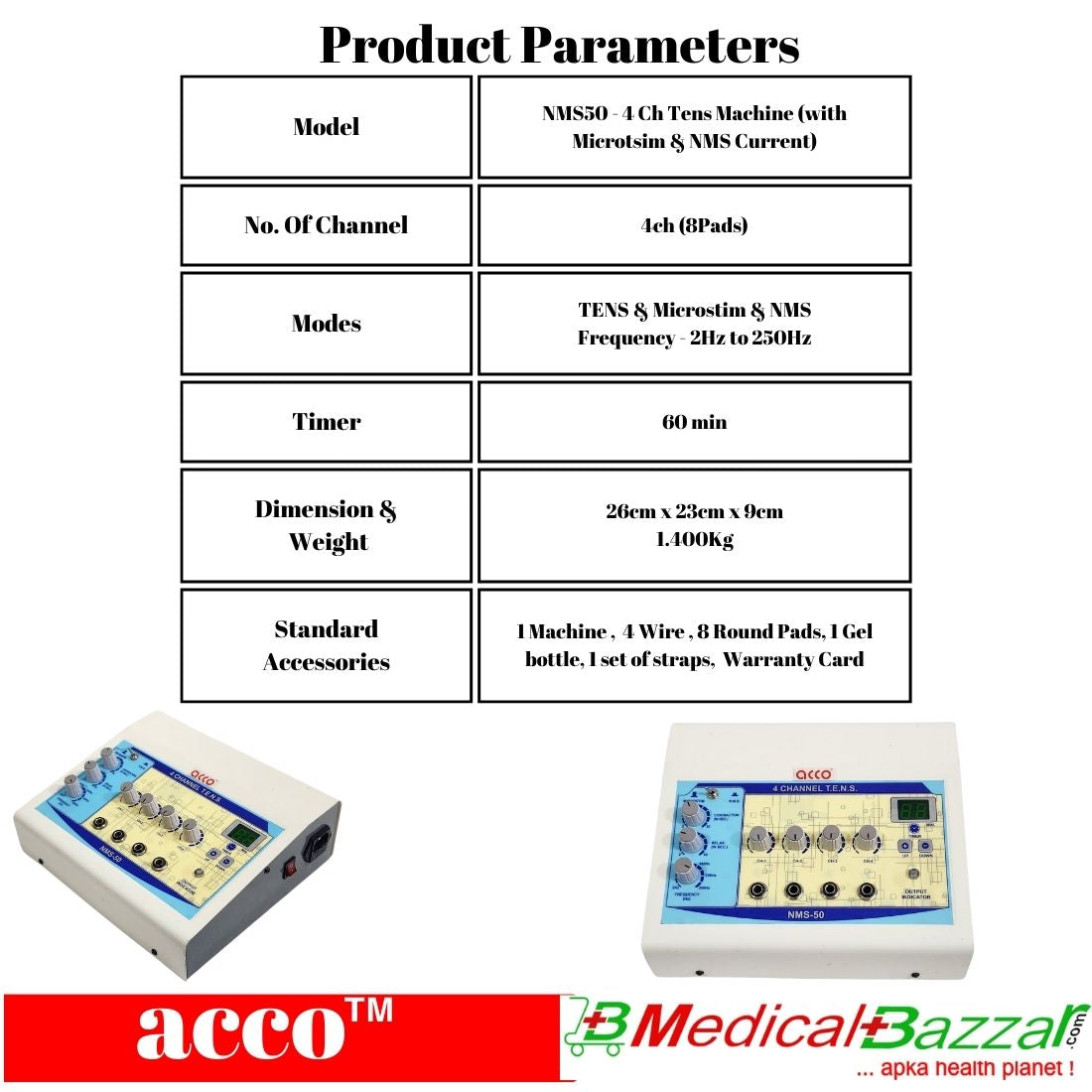 Buy acco 4ch Tens Machine with Microstim & NMS Online - MedicalBazzar