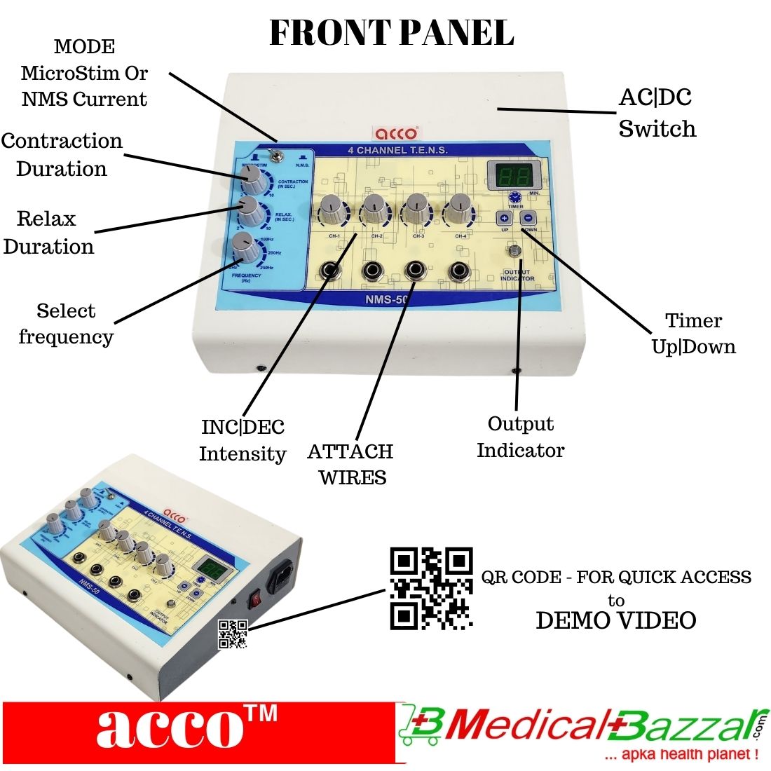 Buy acco 4ch Tens Machine with Microstim & NMS Online - MedicalBazzar