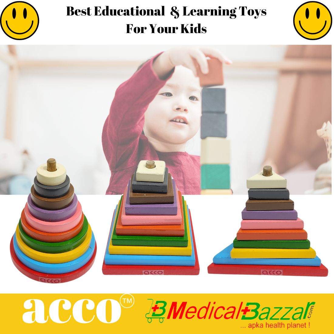 acco Wooden Rainbow Stacking Tower Toys- Pyramid Toy