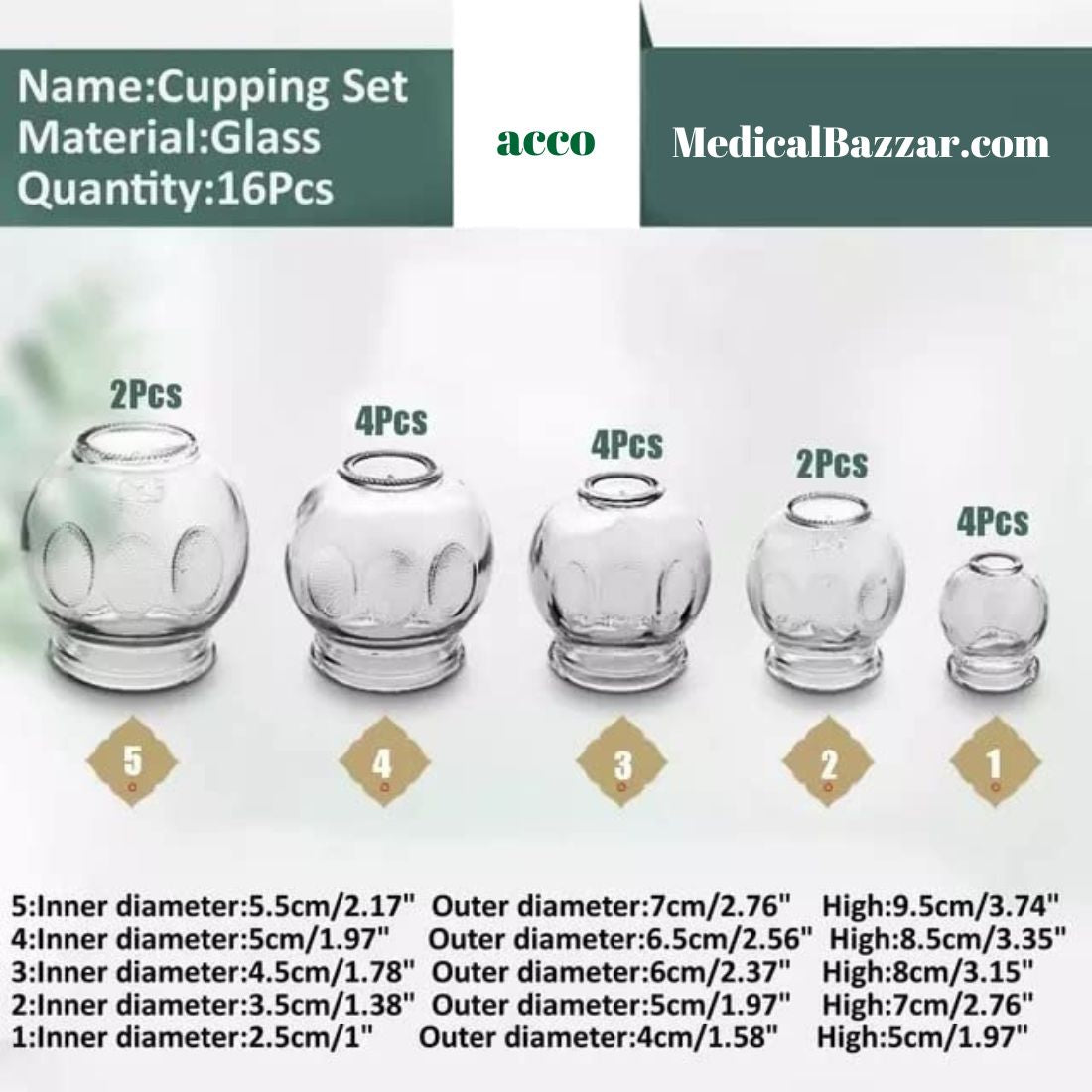 acco Glass Fire Cupping Set of 16 Cups