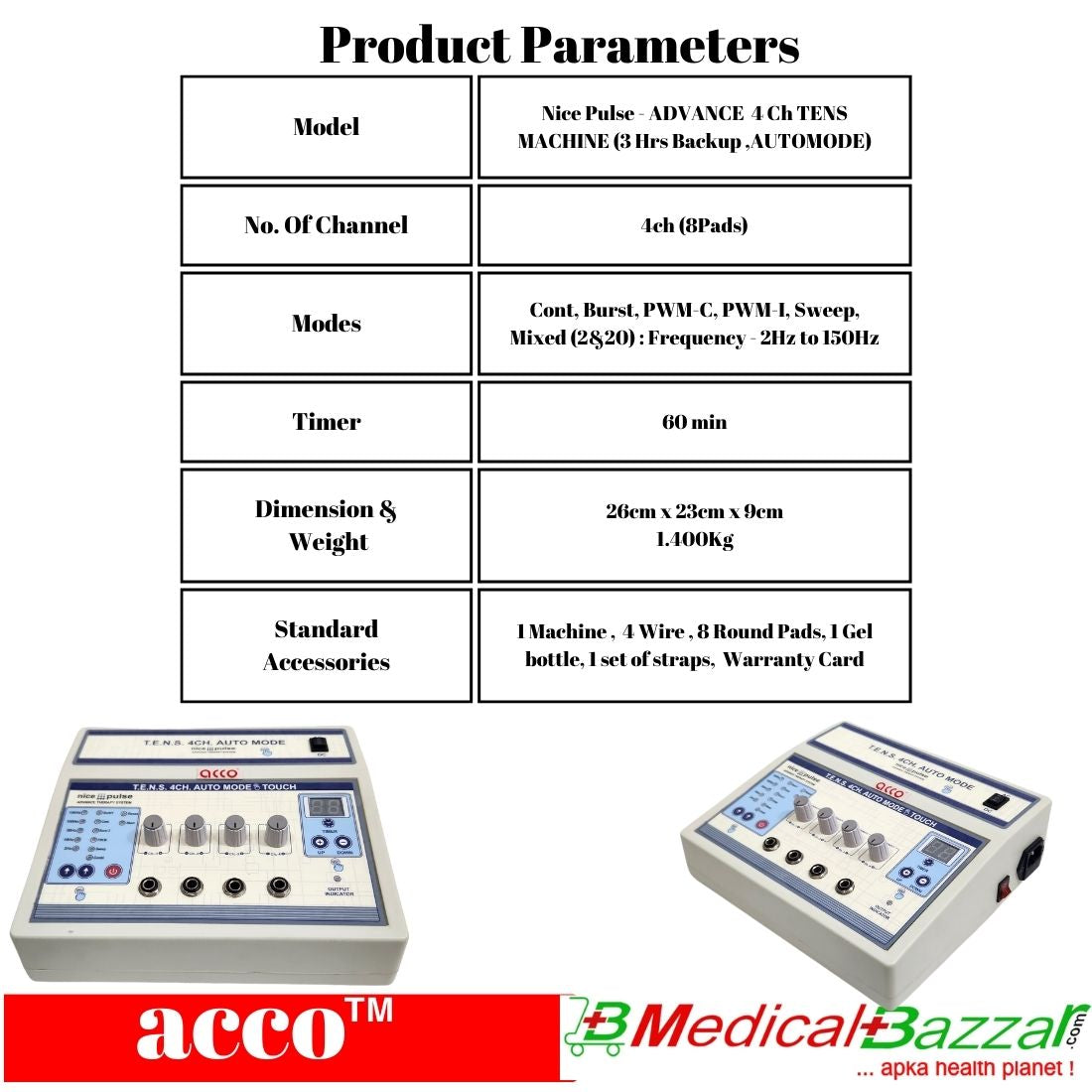 acco Tens Machine (with 3 Hrs Battery Backup & Touch Buttons)