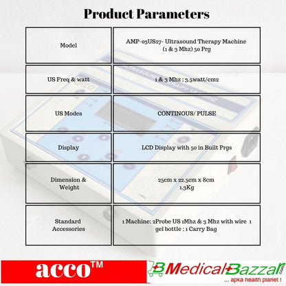 acco Ultrasound Therapy Machine 1 & 3 Mhz(LCD, 50Prgs)